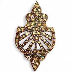 TARA Vintage Rhinestone Brooch Art Deco Style AB Crystal Gold Tone Pin Signed
